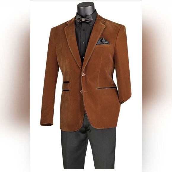 MEN'S VINCI SINGLE BREAST BOURBON  VELVET SLIMFIT SPT. COAT W/ FAUX LEATHER TRIM - Picture 1 of 2